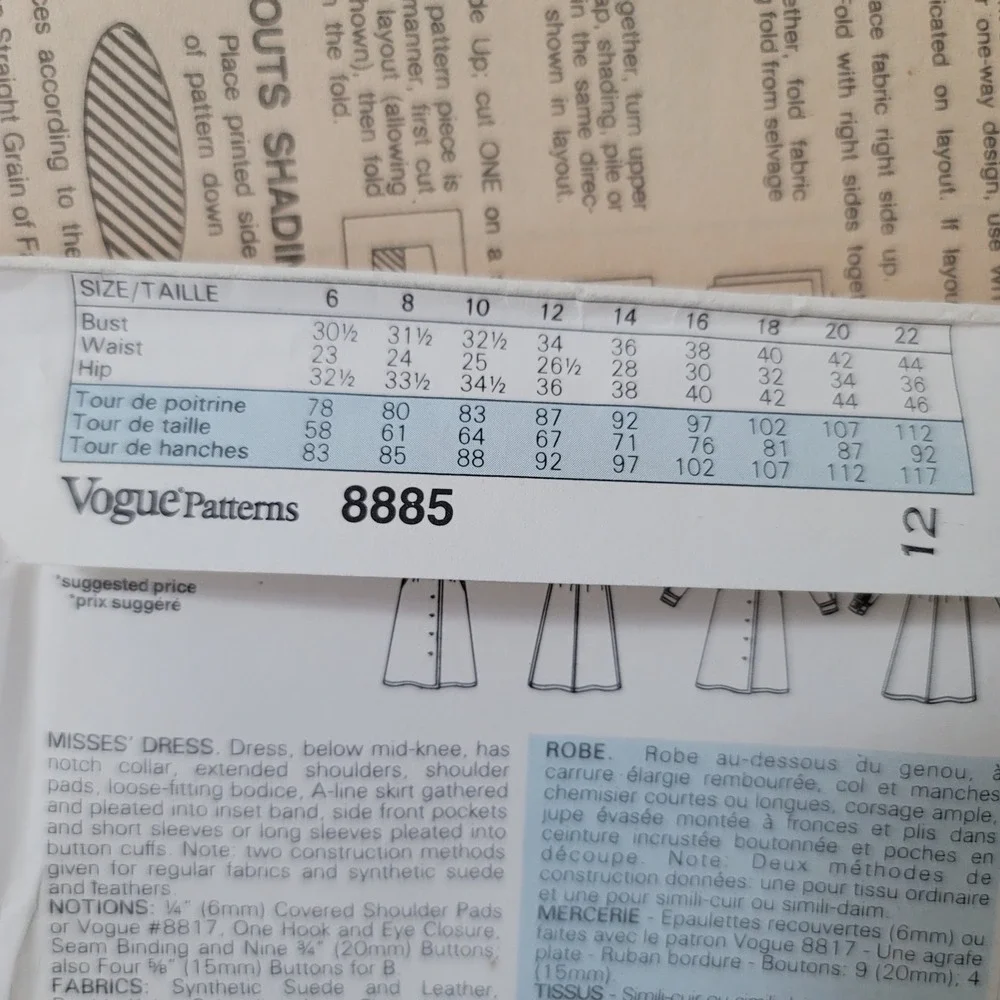 Vintage Vogue 8885 Sewing Pattern Misses Dress Notch Collar Size 12 Uncut